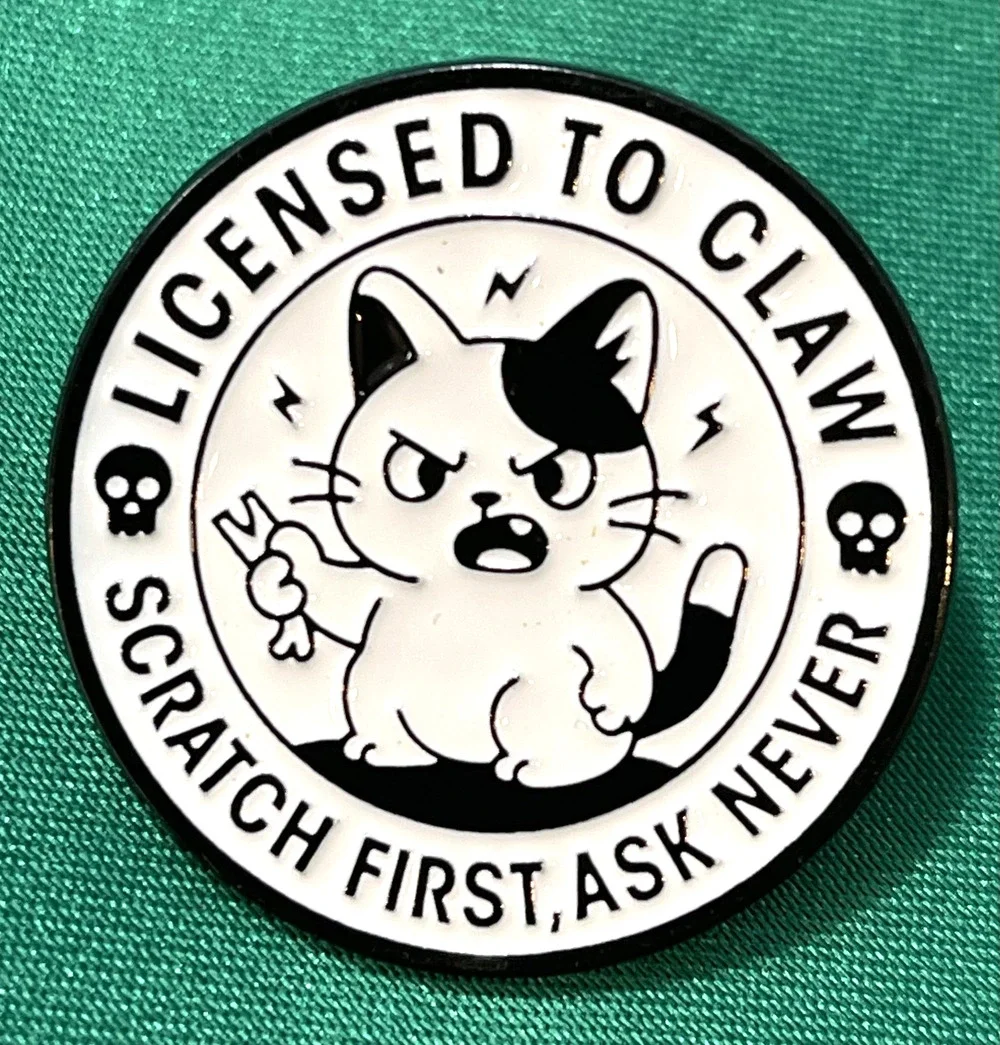 NWOT Licensed To Claw Cat Lapel Pin Brooch Round White Enamel Animal Cute Skull